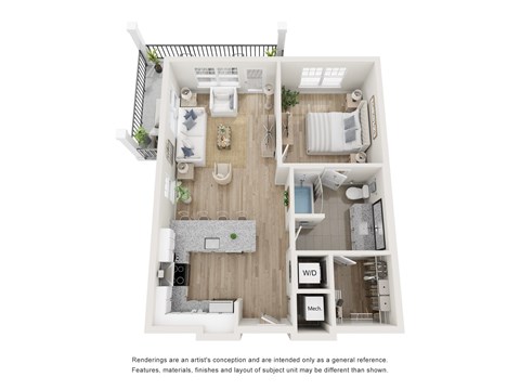 A floor plan of a small apartment with a kitchen, living room, and bedroom.